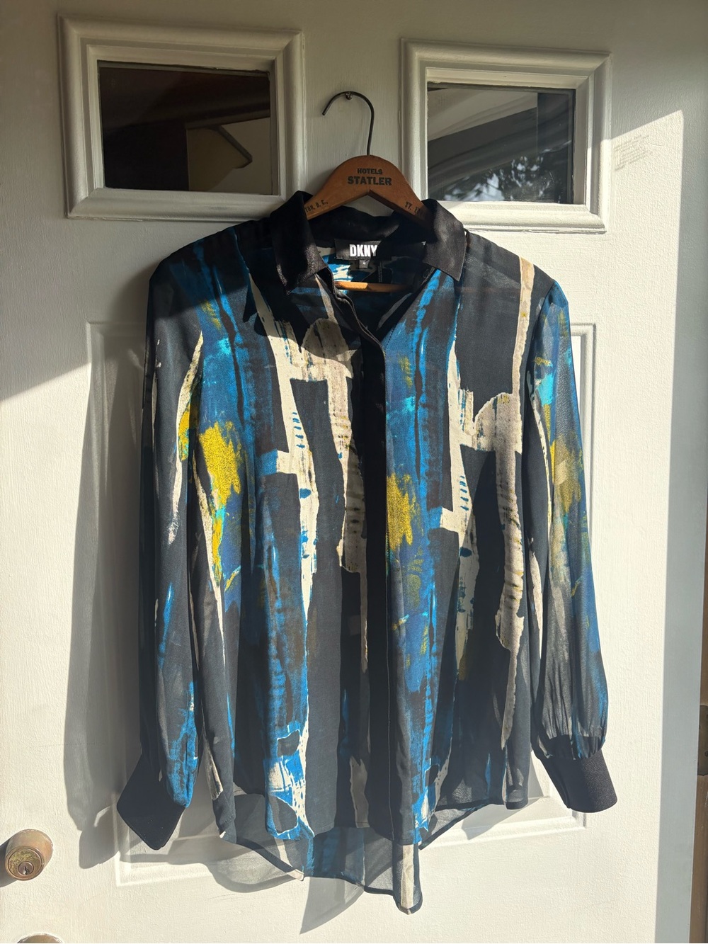 DKNY Women’s XS Abstract Sheer Blouse Blue, Yellow & Cream Brushstroke Print